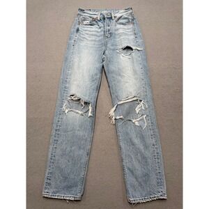 American Eagle Jeans Womens 00 Blue Light Wash Distressed High Rise Straight Leg